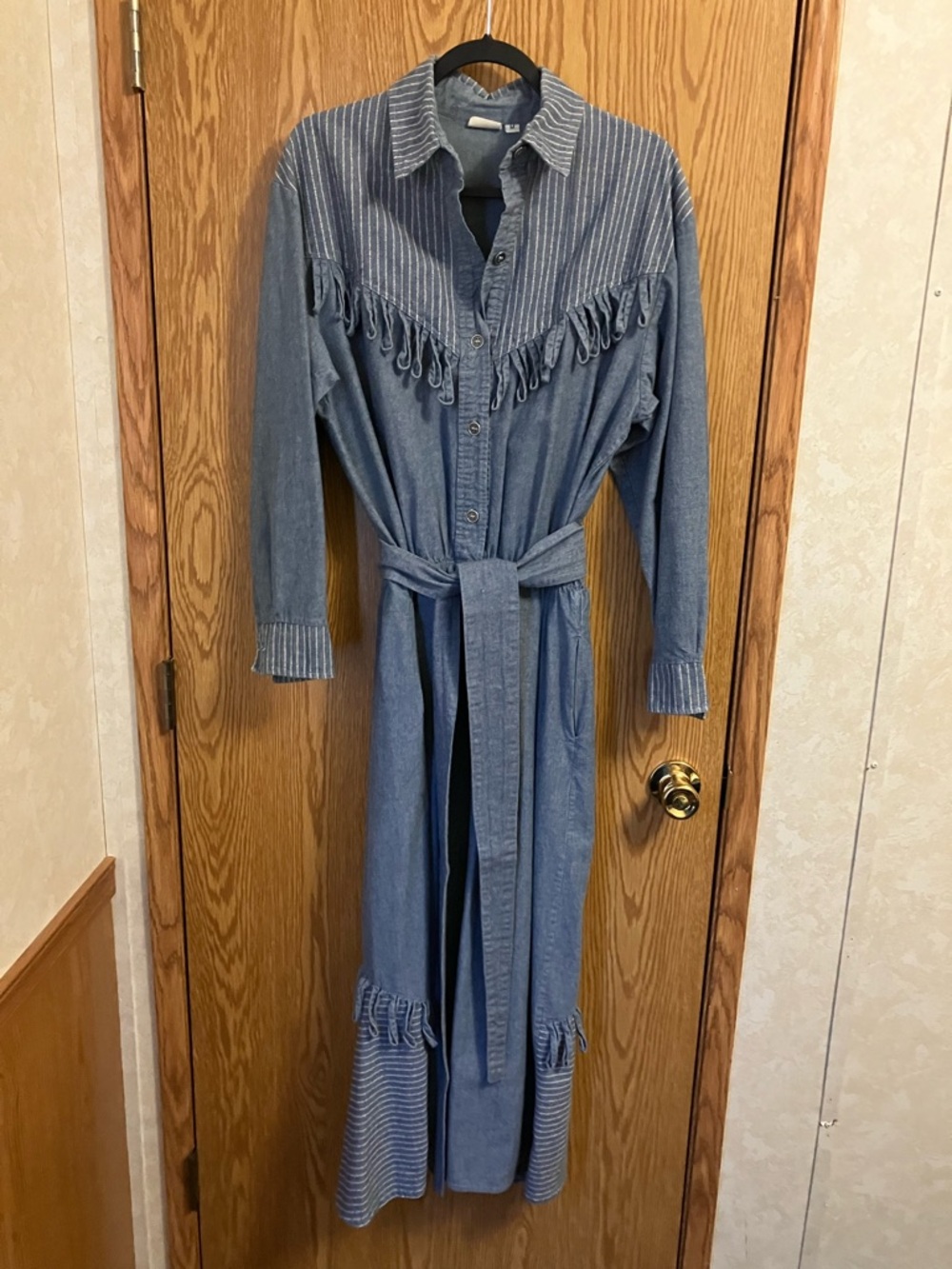 VTG Classic Blue Denim Shirt Dress with Belt Lonesome Dove Western Fringes Sz M